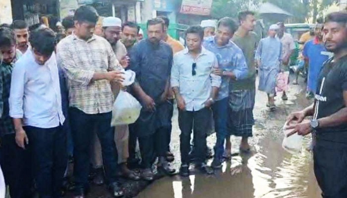 সওজের খানাখন্দে ভরা সড়কে মাছ ছেড়ে হাসনাতের প্রতিবাদ